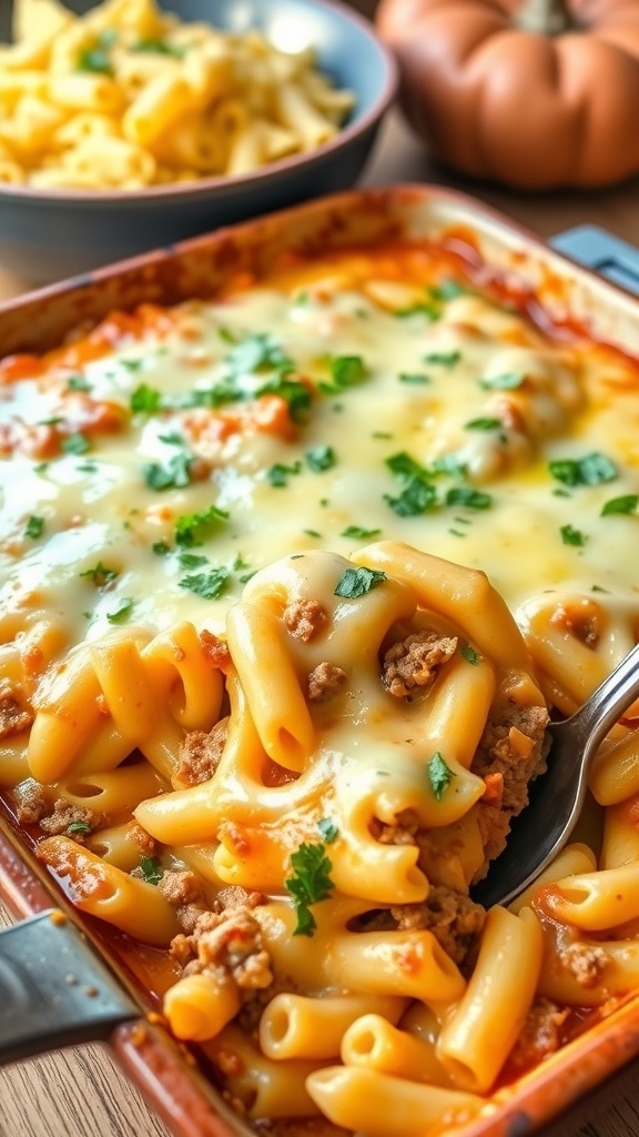 Cheesy ground beef casserole with pasta, topped with melted cheese and garnished with parsley, in a rustic baking dish.